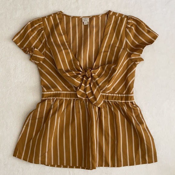 Loft Beach | V-Neck Striped Keyhole Tie Front Short Sleeve Peplum Top Bronze XXS - Picture 2 of 16